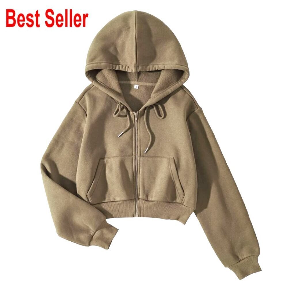 Fleece Full Zip Cropped Hoodie with Pockets, Drawstring Hood, Long Sleeve